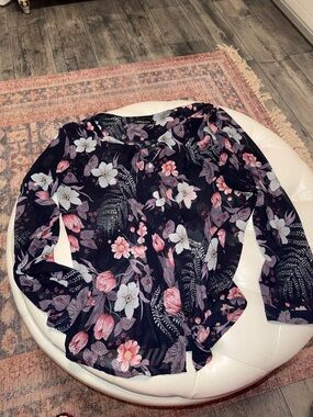 Navy Floral Tie-Front Button Down Women's Blouse